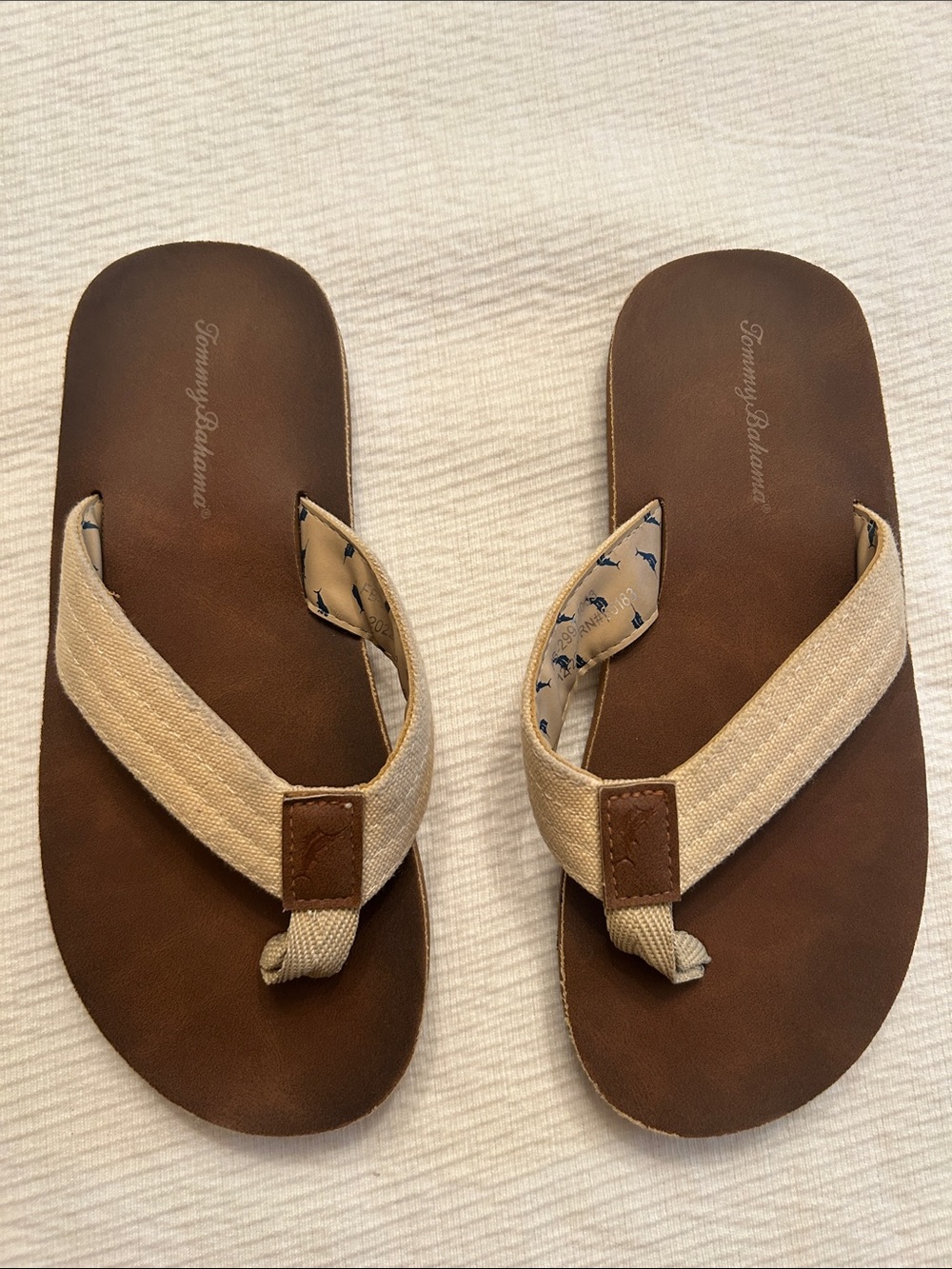Tommy Bahama Kids Beige and Brown Canvas Flip Flops